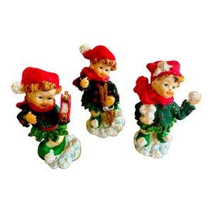 Vintage K's Collection Ceramic Christmas Elf Girls Snowballs Tambourine Ski’s